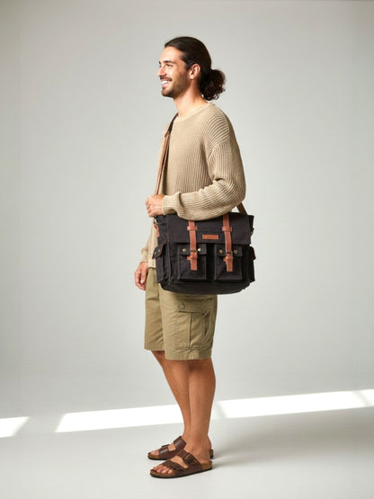 Canvas Messenger bags Large | Cotton Sling One Side Shoulder Bags for Men & Women with Adjustable Crossbody strap, Padded Partition & 4 External Pockets