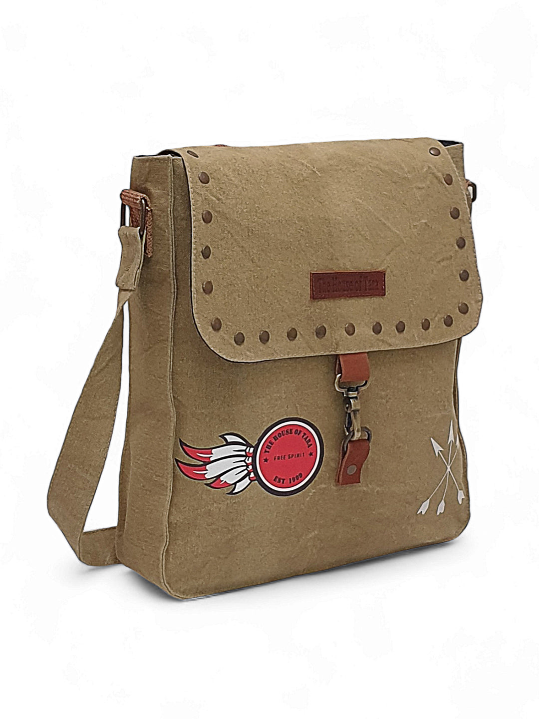 Canvas Crossbody Messenger Bag for Men & Women | Side Bag Fits Mobile & Tablets | Ideal For Office & Travel | Beige Embellished Cotton Compact Messenger Business Bag for ladies
