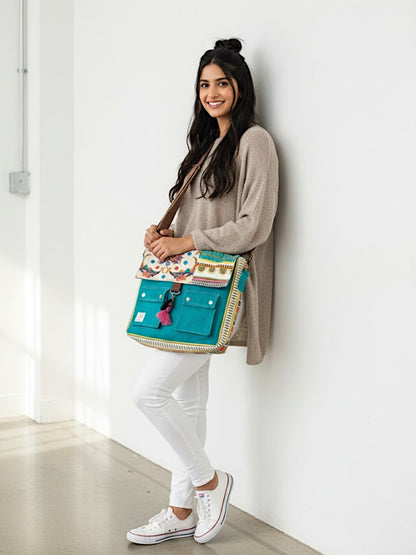 Messenger Bags for Women | Teal Laptop Messenger Bag made with Canvas | Fits up to 15.6 Inches Laptop/MacBook | Ladies Crossbody Sling Bag Comes with 2 External Pockets