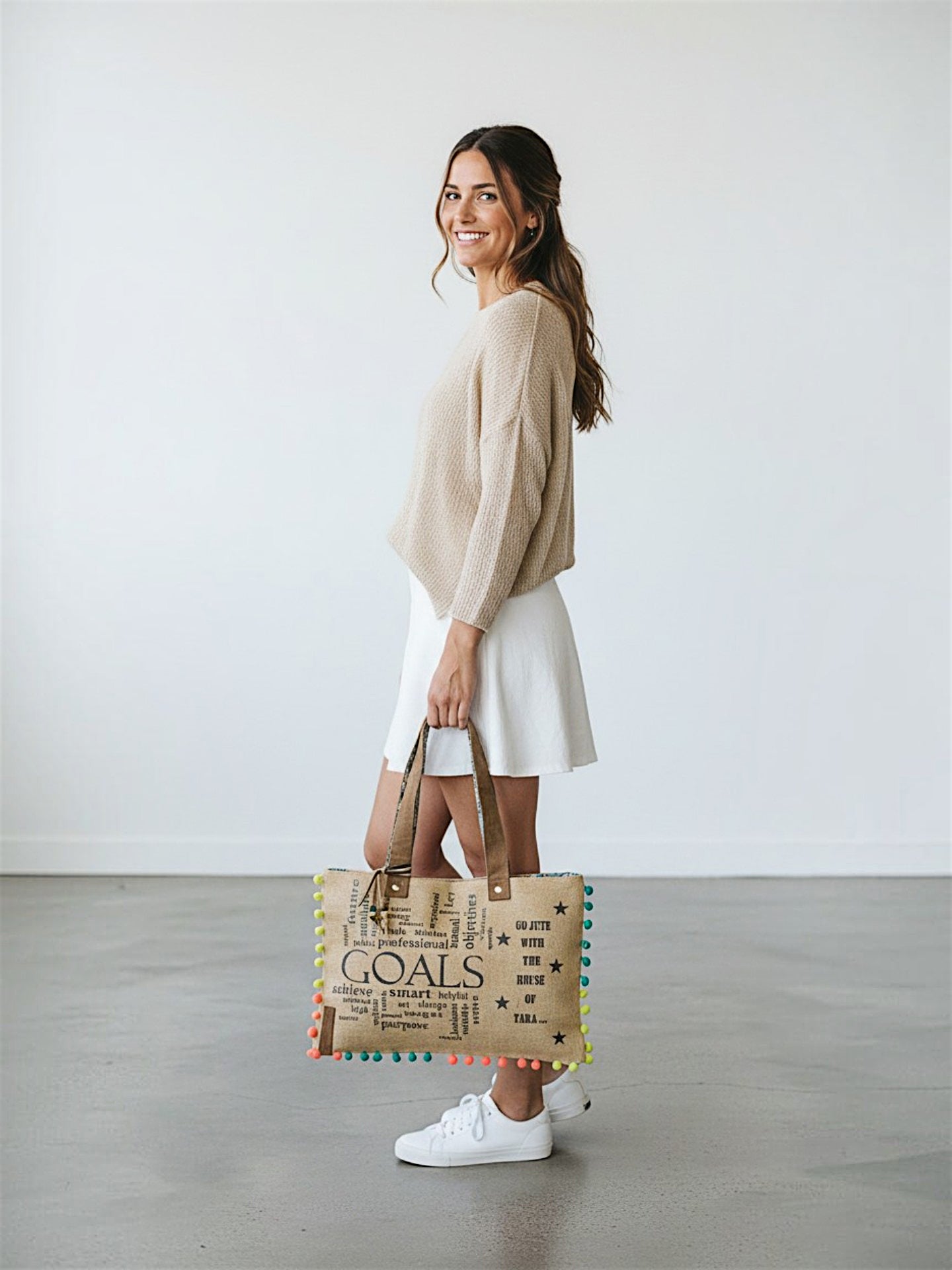 Jute Tote Handbag | Brown Beige Printed Shoulder Bag | Tassel Embellished | Magnetic Closure | Zipper Compartment | Casual Bag for College, Office & Daily Use | For Women