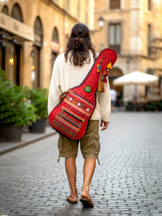 Cotton Canvas Acoustic Guitar Bag Cover | Unisex |  Inner Lining | Adjustable Padded Straps | Dream Catch Tassel Embellished | Padded Guitar Case | Dual Zip Pocket | Maroon