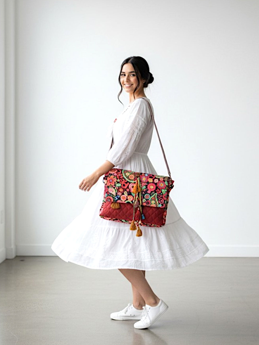 Cotton Canvas Tassel Embellished Printed Cross Body Messenger Sling Bag for Women | Travel Office Business Shoulder Bag for Women | Crossbody Purse With Adjustable Strap
