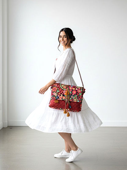 Cotton Canvas Tassel Embellished Printed Cross Body Messenger Sling Bag for Women | Travel Office Business Shoulder Bag for Women | Crossbody Purse With Adjustable Strap