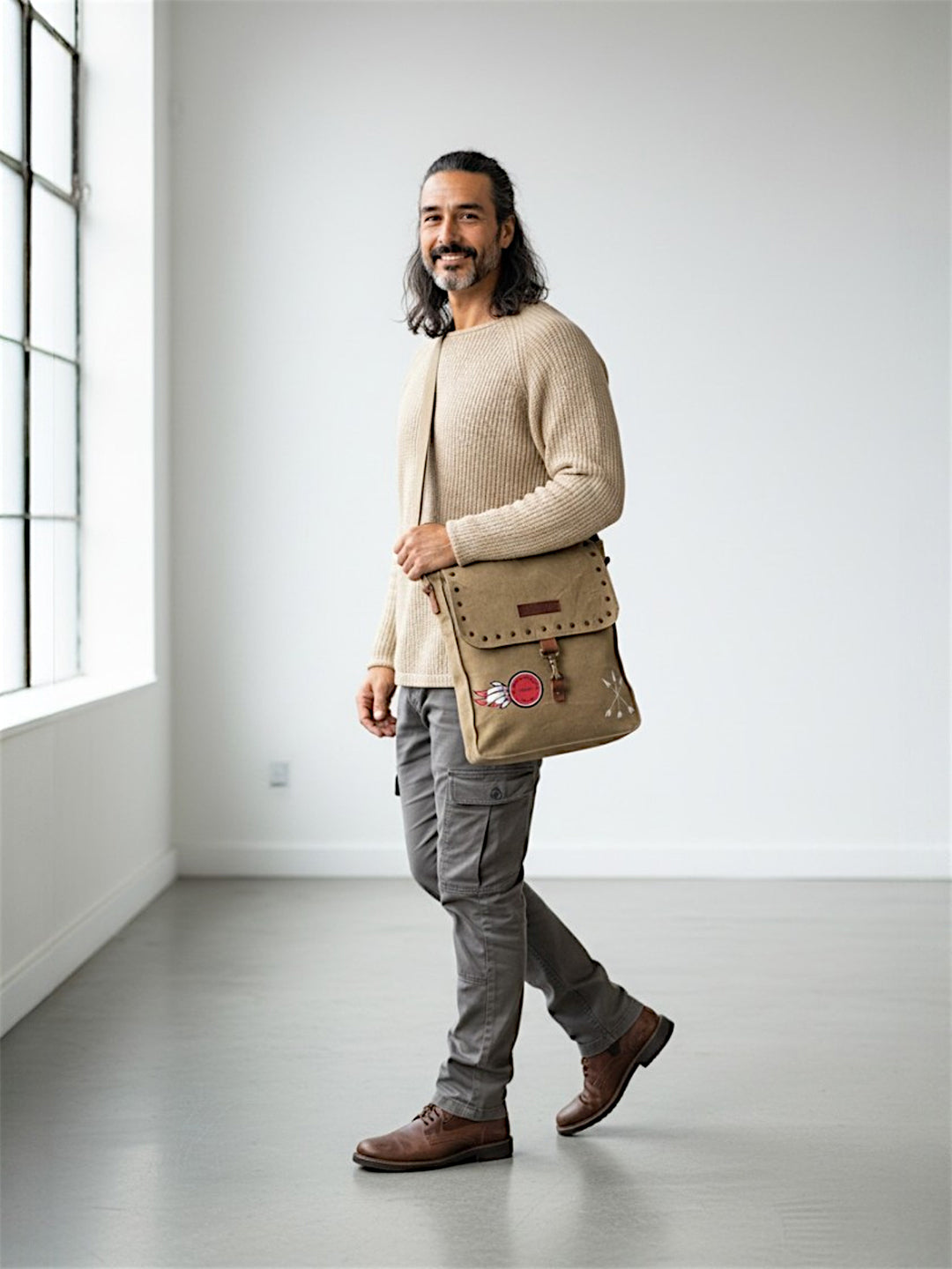 Canvas Crossbody Messenger Bag for Men & Women | Side Bag Fits Mobile & Tablets | Ideal For Office & Travel | Beige Embellished Cotton Compact Messenger Business Bag for ladies