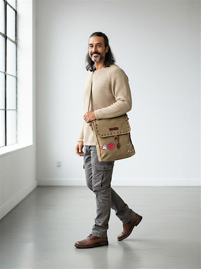 Canvas Crossbody Messenger Bag for Men & Women | Side Bag Fits Mobile & Tablets | Ideal For Office & Travel | Beige Embellished Cotton Compact Messenger Business Bag for ladies