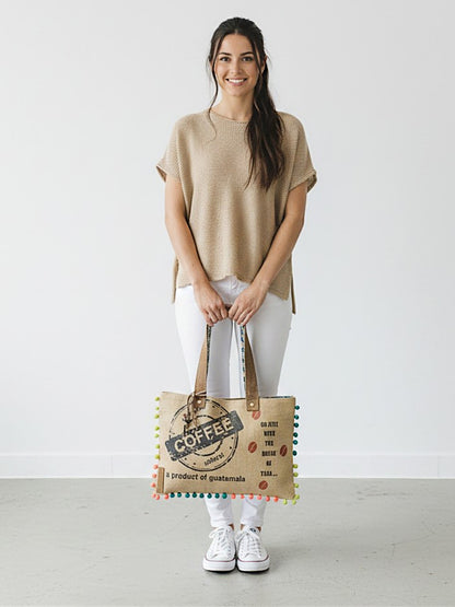 Jute Tote Handbag | Brown Beige Printed Shoulder Bag | Tassel Embellished | Magnetic Closure | Zipper Compartment | Casual Bag for College, Office & Daily Use | For Women