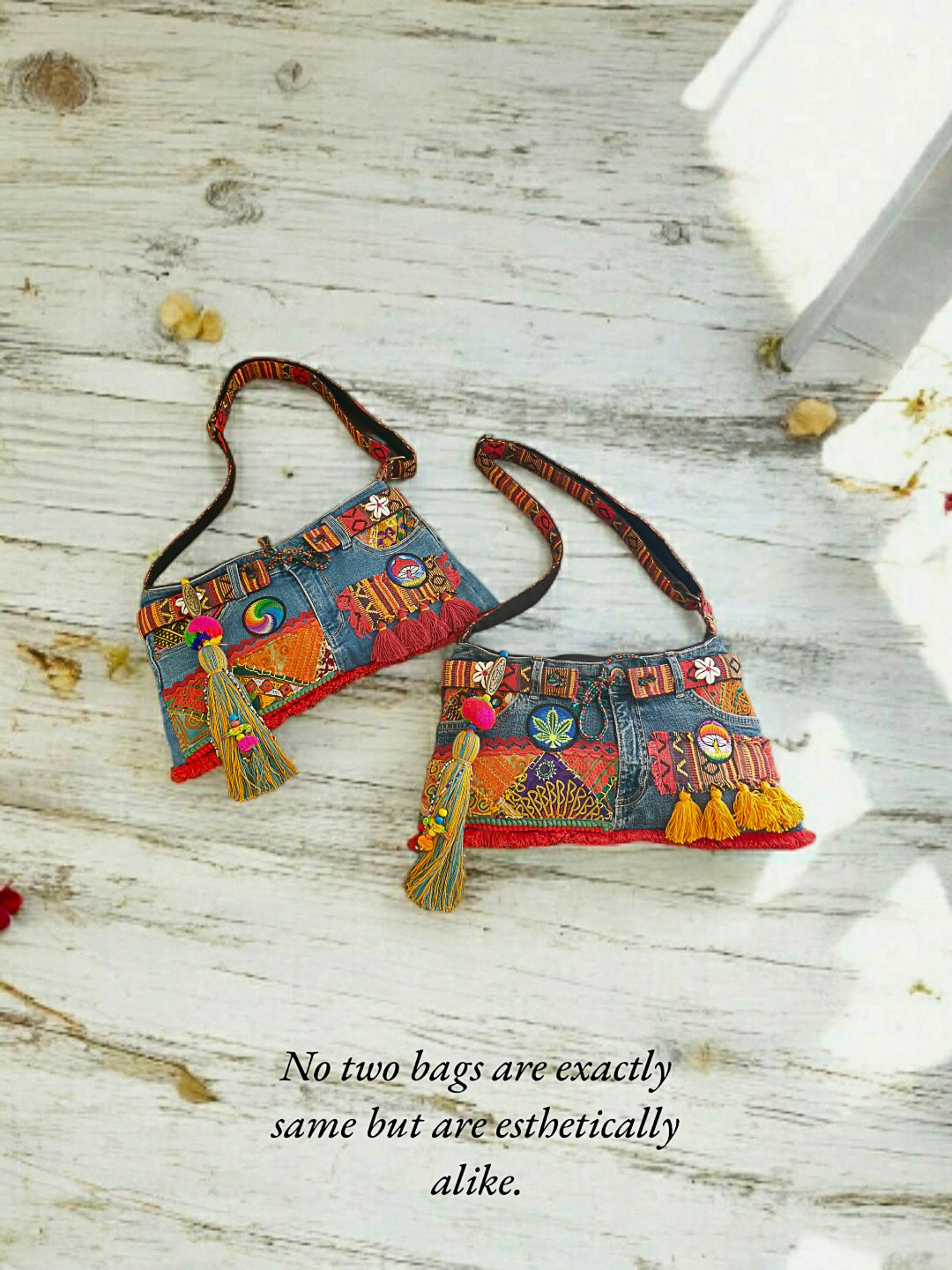 Upcycled Denim Sling Bag for Women | Cross Body Bag With Medium Size Compartment, Adjustable Strap | Embellished Shoulder Bag Suitable for College & Travel (Denim Blue)