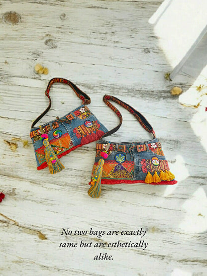 Upcycled Denim Sling Bag for Women | Cross Body Bag With Medium Size Compartment, Adjustable Strap | Embellished Shoulder Bag Suitable for College & Travel (Denim Blue)