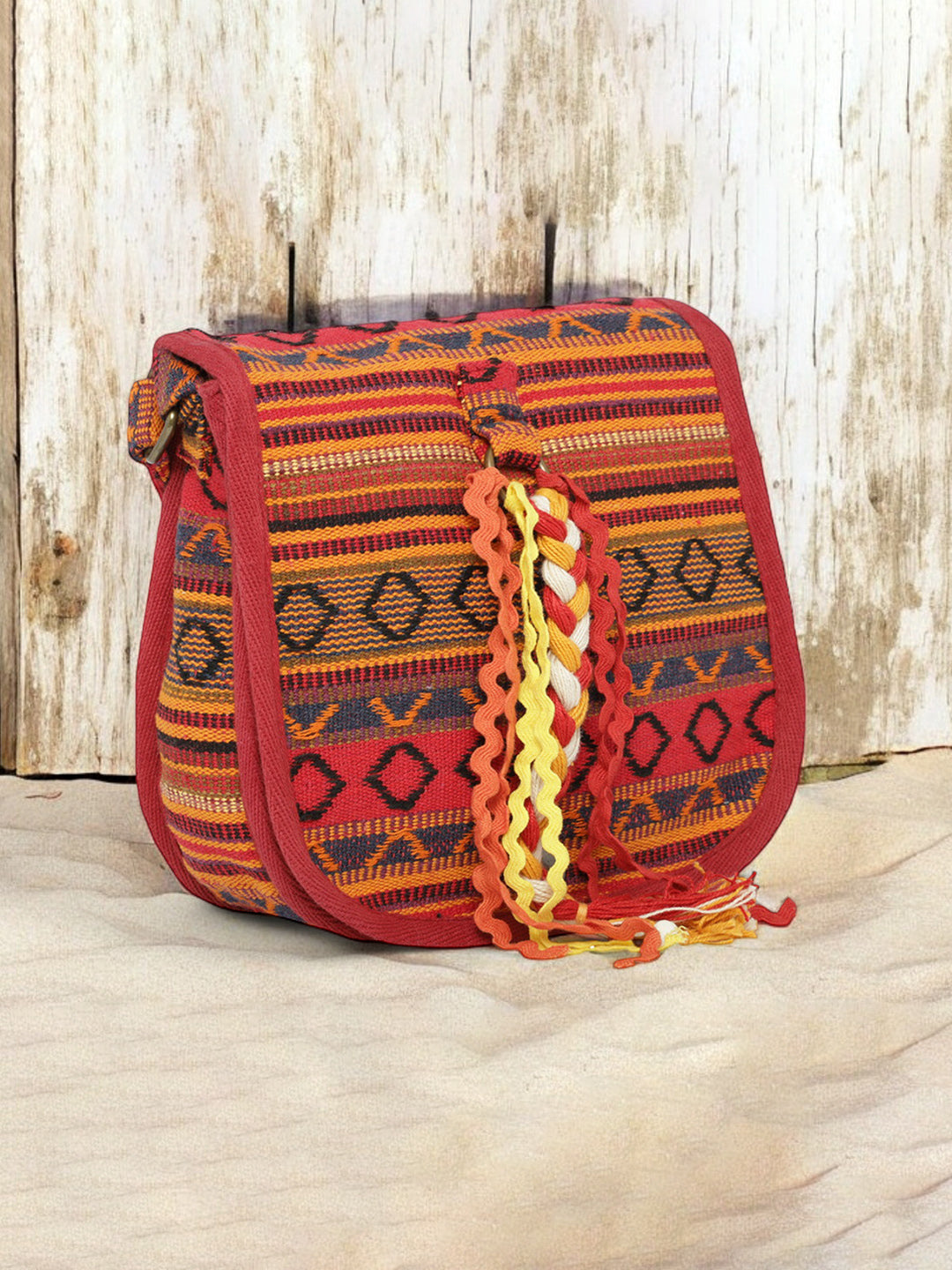 Ethnic Handloom Crossbody Sling Bag | Embellished with Tassels and Trims. Flap Closure with a Snap Button | Internal Zip Pocket | Multicolour side Crossbody Bag for Women | Handmade.