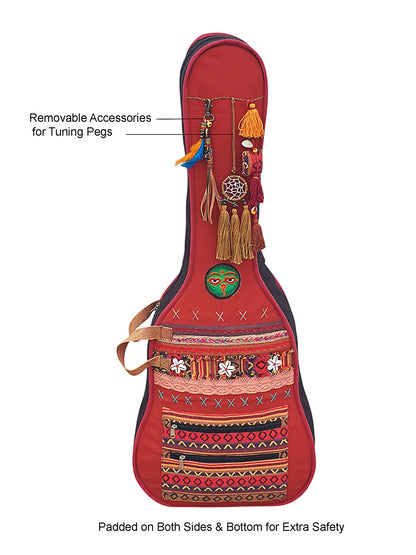 Cotton Canvas Acoustic Guitar Bag Cover | Unisex |  Inner Lining | Adjustable Padded Straps | Dream Catch Tassel Embellished | Padded Guitar Case | Dual Zip Pocket | Maroon