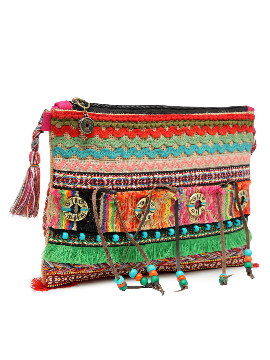 Cross Body Sling Bag with Embellishments and Tassels/Trims | Internal Zip Pocket | Jute Crossbody Bag in Multi Colour with Zip Closure | Handmade.