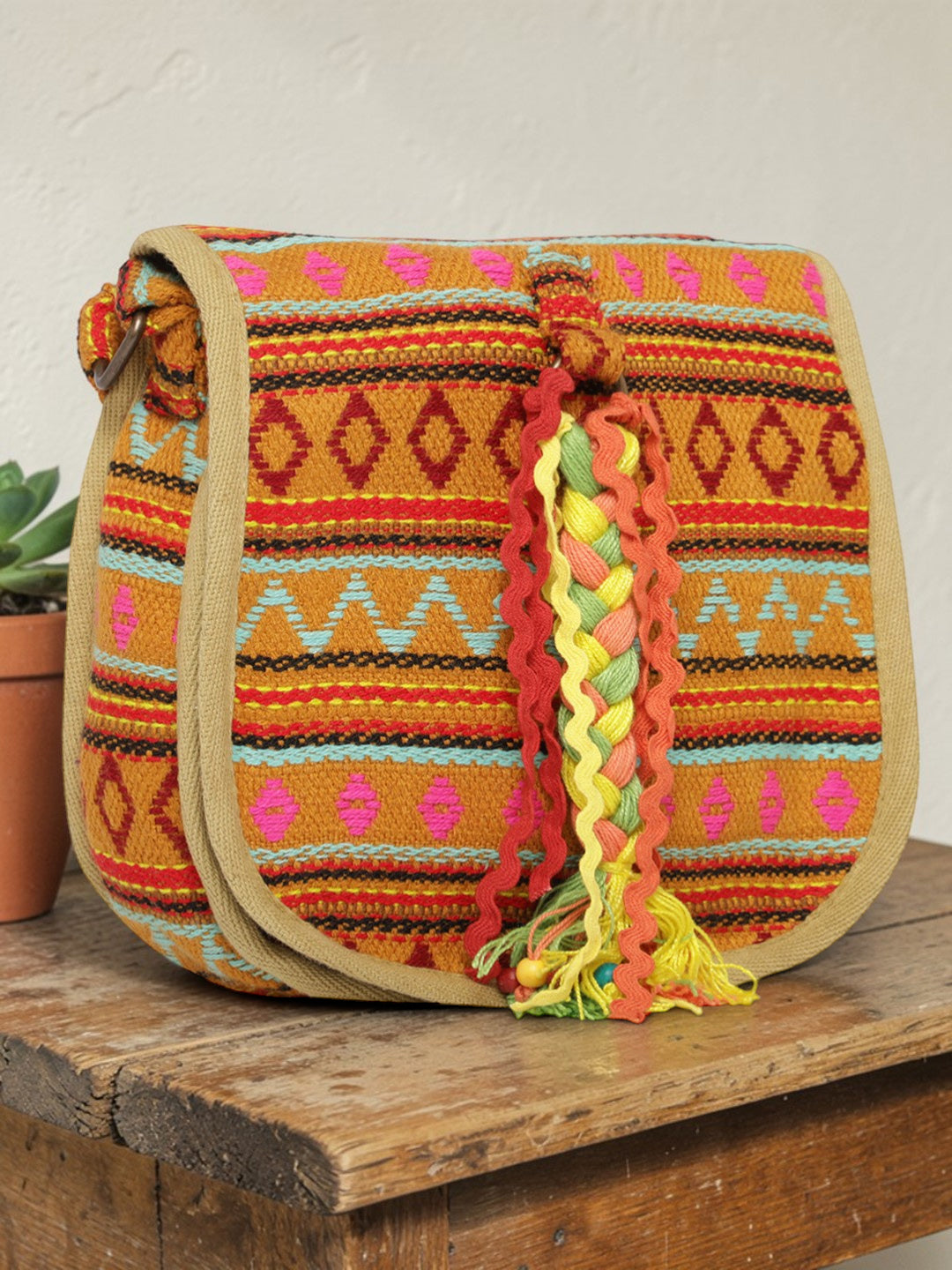 Ethnic Handloom Crossbody Sling Bag | Embellished with Tassels and Trims. Flap Closure with a Snap Button | Internal Zip Pocket | Multicolour side Crossbody Bag for Women | Handmade.