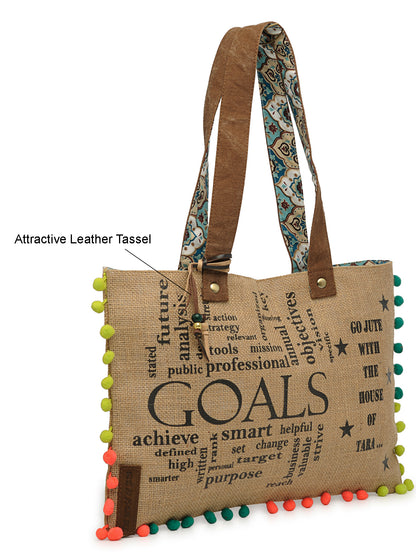 Jute Tote Handbag | Brown Beige Printed Shoulder Bag | Tassel Embellished | Magnetic Closure | Zipper Compartment | Casual Bag for College, Office & Daily Use | For Women