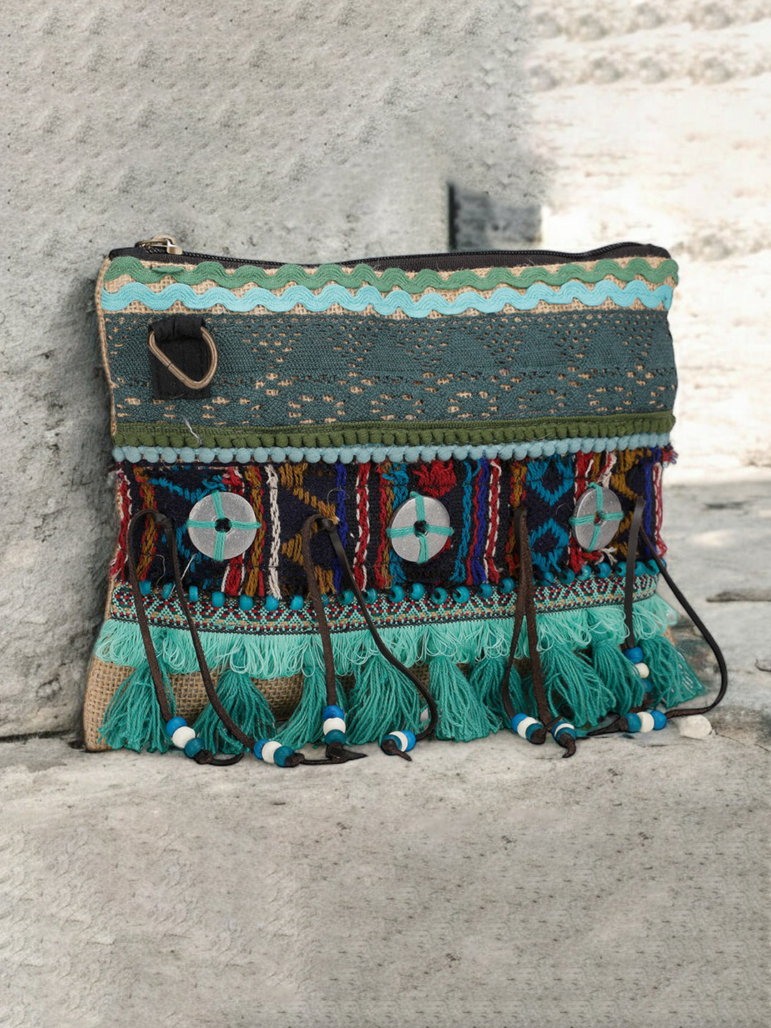 Cross Body Sling Bag with Embellishments and Tassels/Trims | Internal Zip Pocket | Jute Crossbody Bag in Multi Colour with Zip Closure | Handmade.