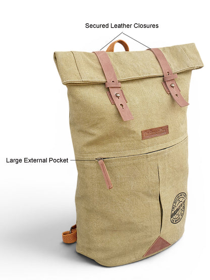 Canvas Backpack for Men and Women 21 Litres |  Cotton Bag with Top Roll Down Design & Leather strap Closure | Casual Backpacks Suitable for College, Travel & Hiking