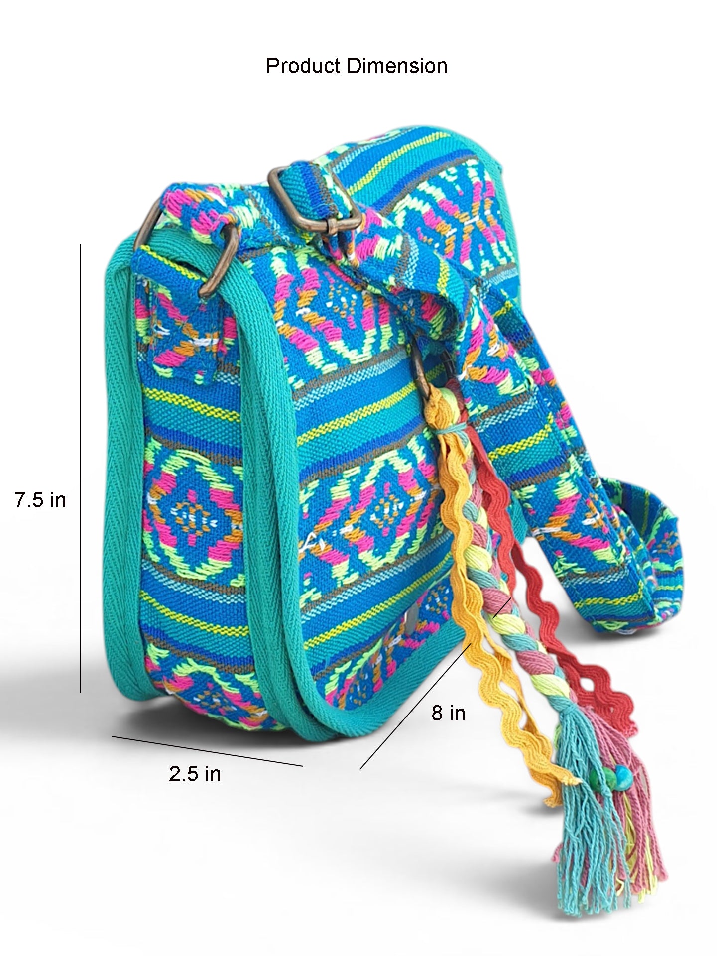 Ethnic Handloom Crossbody Sling Bag | Embellished with Tassels and Trims. Flap Closure with a Snap Button | Internal Zip Pocket | Multicolour side Crossbody Bag for Women | Handmade.