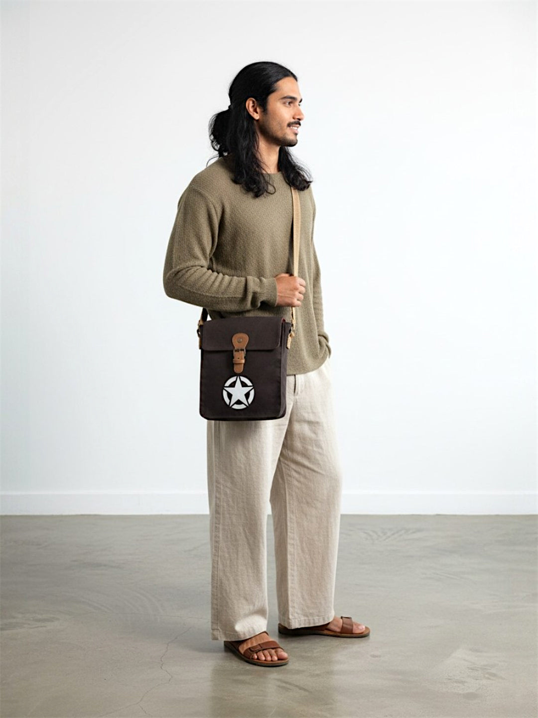 Canvas Side Sling Bag For Men & Women | Compact Messenger bag with Leather Strap on flap closure, Adjustable Shoulder Strap & Snap buttons | Casual bag for Office & Travel