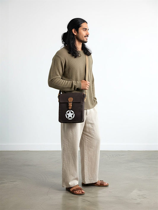Canvas Side Sling Bag For Men & Women | Compact Messenger bag with Leather Strap on flap closure, Adjustable Shoulder Strap & Snap buttons | Casual bag for Office & Travel