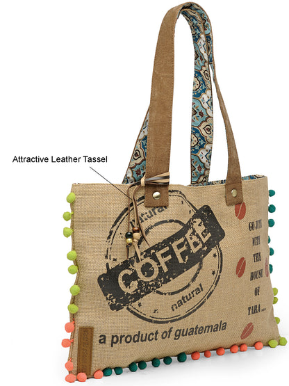 Jute Tote Handbag | Brown Beige Printed Shoulder Bag | Tassel Embellished | Magnetic Closure | Zipper Compartment | Casual Bag for College, Office & Daily Use | For Women