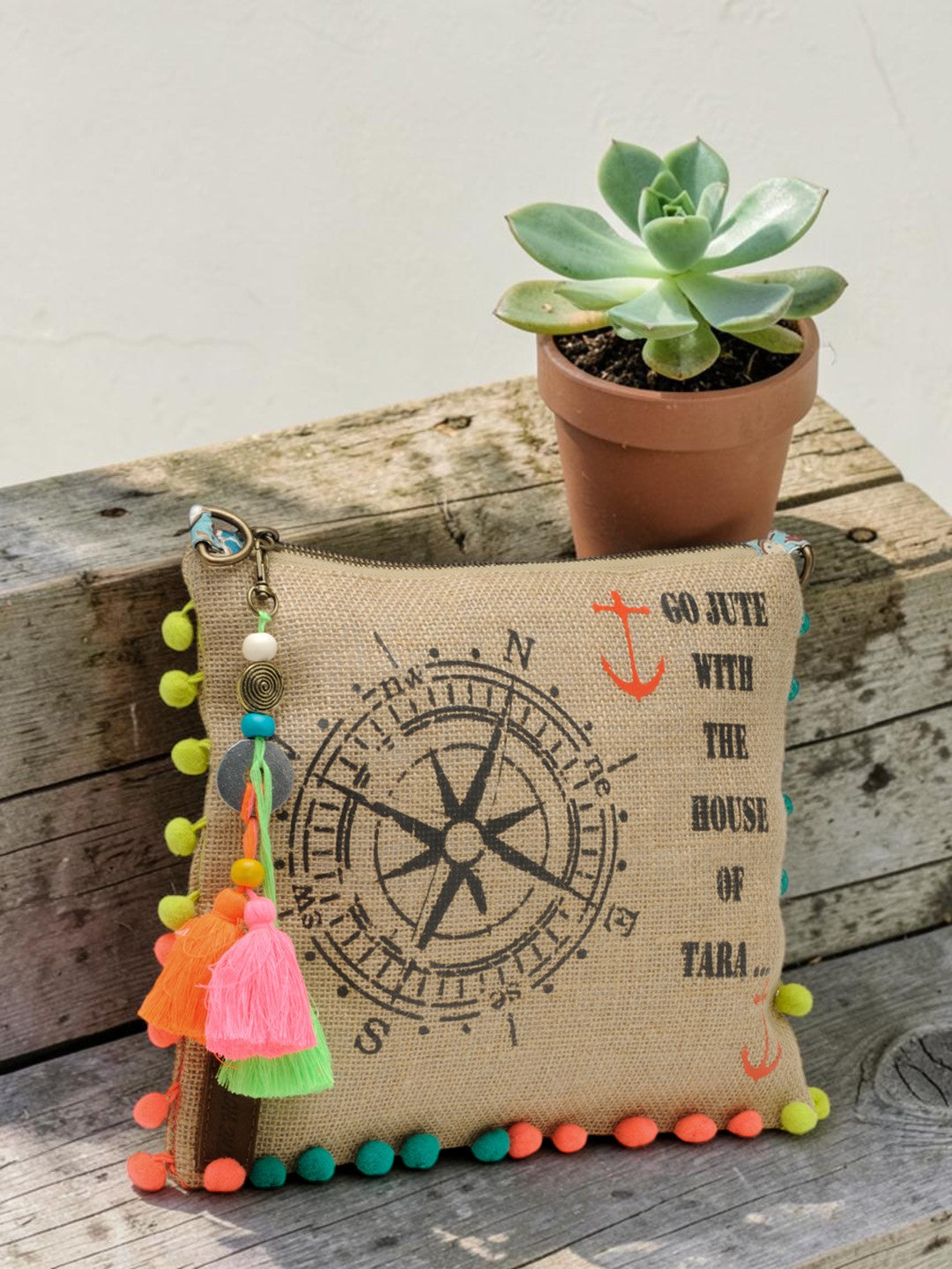 Casual Jute Purse For Women | Small Crossbody Sling Bag with Tassels, Zip Pocket & Removable Shoulder Strap | Printed Aesthetic Foldable Ladies Purse Handbag (Brown)