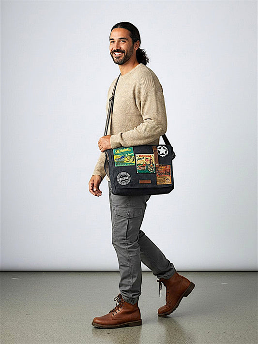 Distressed Cotton Canvas Messenger Bag for Men and Women | Printed Crossbody Sling Bag With Laptop Compartment (Upto 15.6 Inch), Broad Adjustable Straps