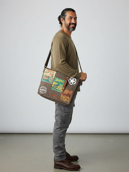 Distressed Cotton Canvas Messenger Bag for Men and Women | Printed Crossbody Sling Bag With Laptop Compartment (Upto 15.6 Inch), Broad Adjustable Straps