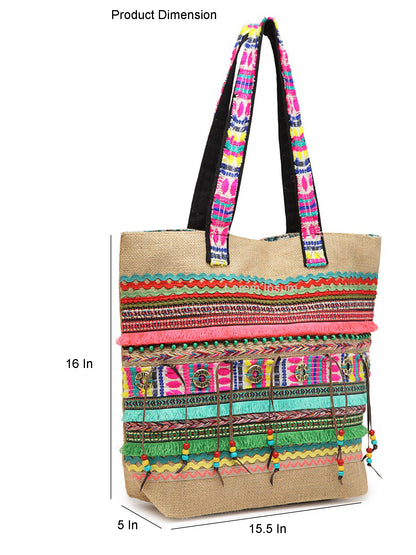 Jute Tote Handbag | Brown Multicolor Shoulder Bag | Tassel Embellished | Magnetic Closure | Zipper Compartment | Casual Bag for College, Office & Daily Use | For Women