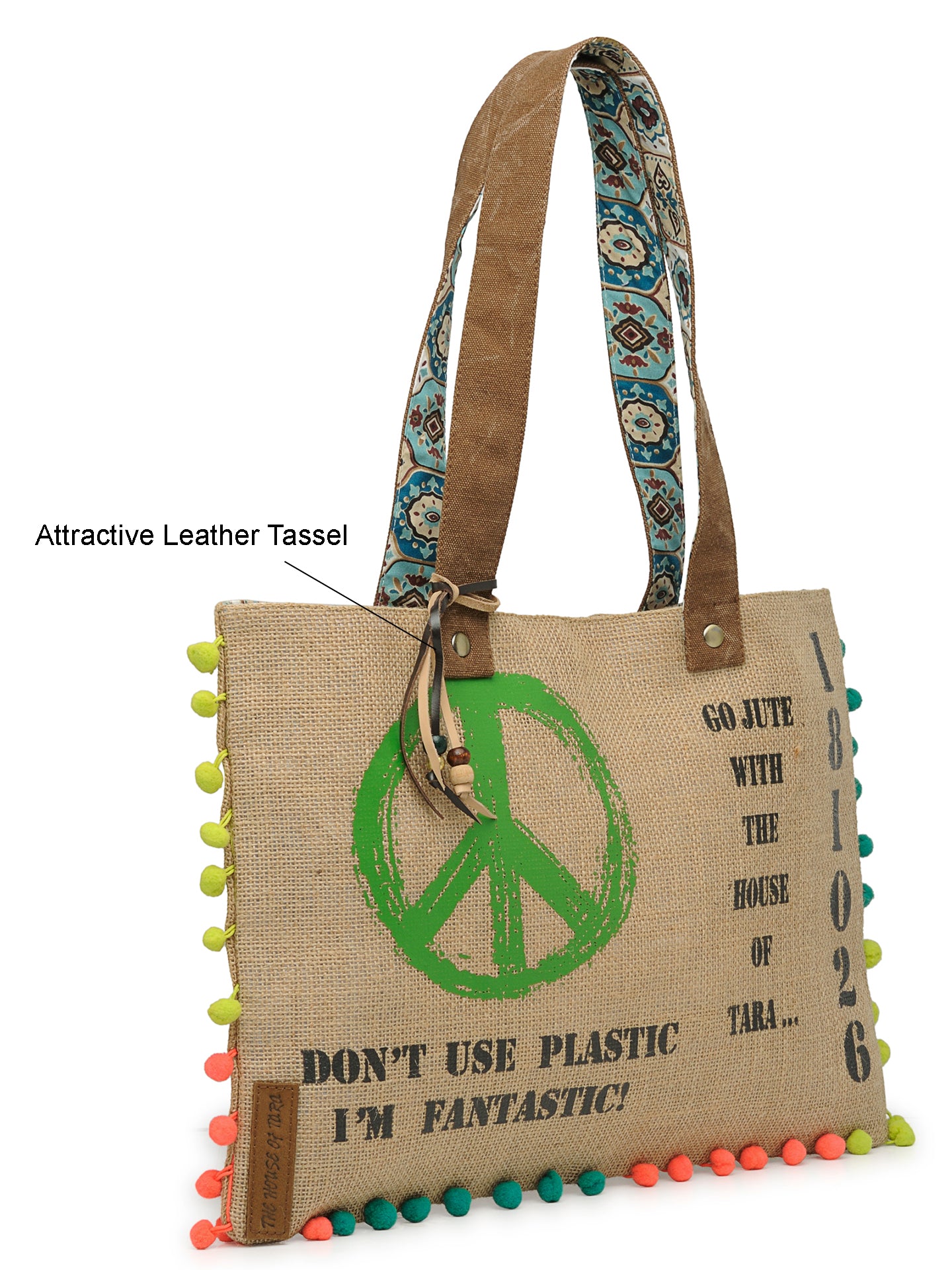 Jute Tote Handbag | Brown Beige Printed Shoulder Bag | Tassel Embellished | Magnetic Closure | Zipper Compartment | Casual Bag for College, Office & Daily Use | For Women
