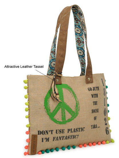 Jute Tote Handbag | Brown Beige Printed Shoulder Bag | Tassel Embellished | Magnetic Closure | Zipper Compartment | Casual Bag for College, Office & Daily Use | For Women