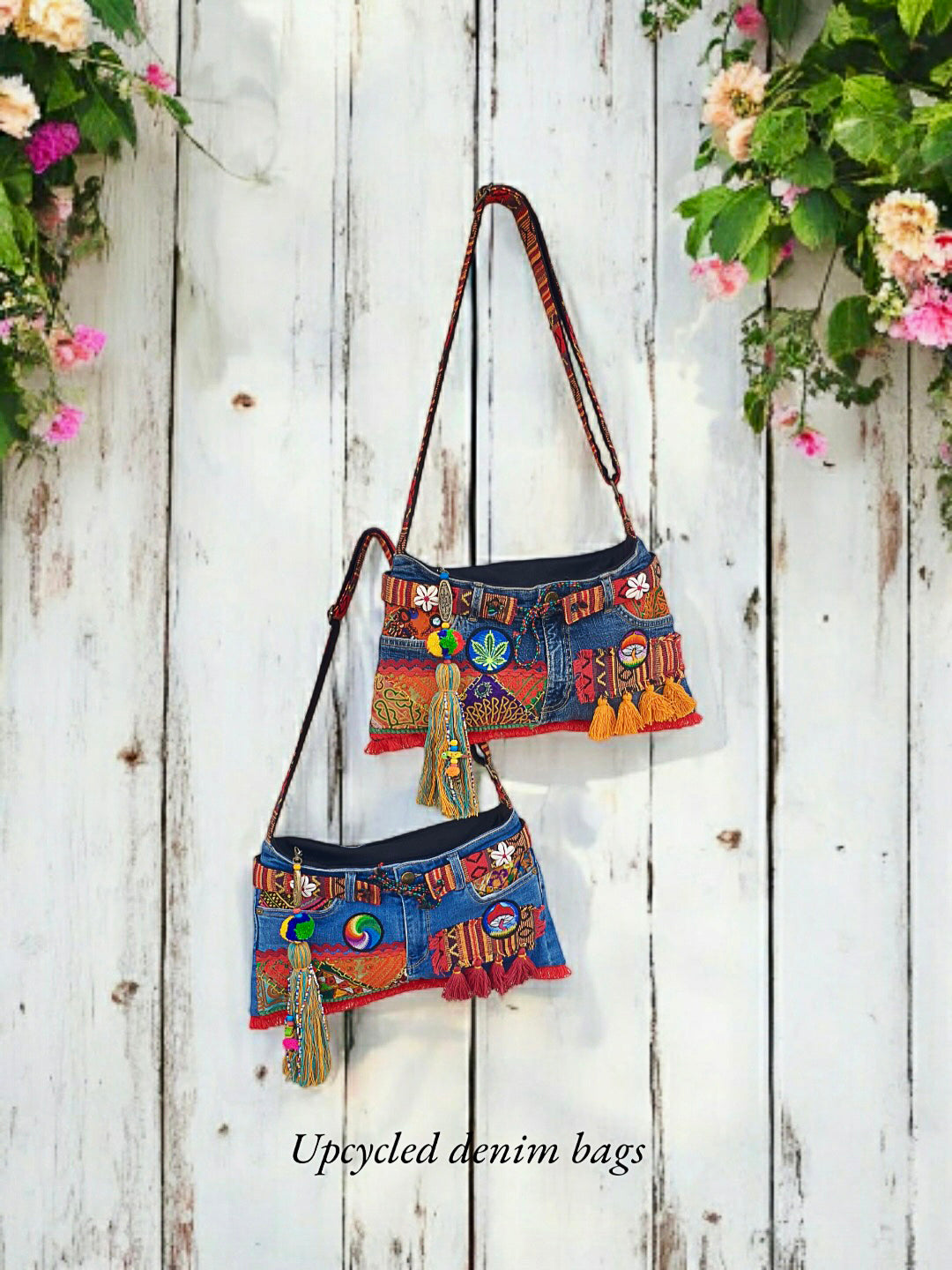 Upcycled Denim Sling Bag for Women | Cross Body Bag With Medium Size Compartment, Adjustable Strap | Embellished Shoulder Bag Suitable for College & Travel (Denim Blue)