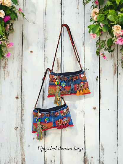 Upcycled Denim Sling Bag for Women | Cross Body Bag With Medium Size Compartment, Adjustable Strap | Embellished Shoulder Bag Suitable for College & Travel (Denim Blue)