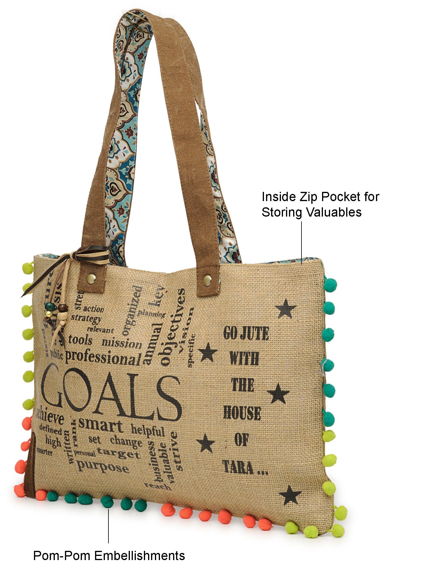 Jute Tote Handbag | Brown Beige Printed Shoulder Bag | Tassel Embellished | Magnetic Closure | Zipper Compartment | Casual Bag for College, Office & Daily Use | For Women