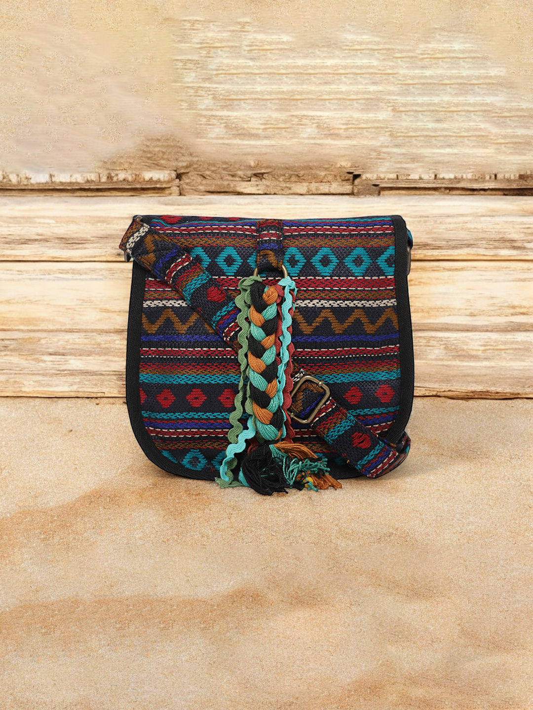 Ethnic Handloom Crossbody Sling Bag | Embellished with Tassels and Trims. Flap Closure with a Snap Button | Internal Zip Pocket | Multicolour side Crossbody Bag for Women | Handmade.
