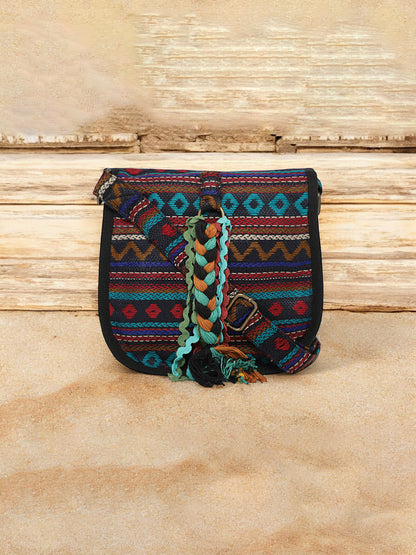 Ethnic Handloom Crossbody Sling Bag | Embellished with Tassels and Trims. Flap Closure with a Snap Button | Internal Zip Pocket | Multicolour side Crossbody Bag for Women | Handmade.