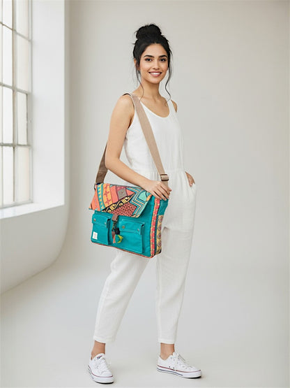 Messenger Bags for Women | Teal Laptop Messenger Bag made with Canvas | Fits up to 15.6 Inches Laptop/MacBook | Ladies Crossbody Sling Bag Comes with 2 External Pockets