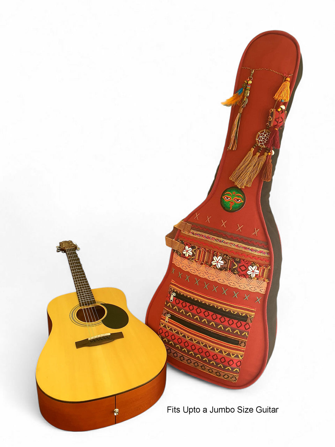 Cotton Canvas Acoustic Guitar Bag Cover | Unisex |  Inner Lining | Adjustable Padded Straps | Dream Catch Tassel Embellished | Padded Guitar Case | Dual Zip Pocket | Maroon