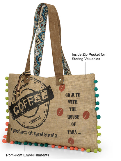 Jute Tote Handbag | Brown Beige Printed Shoulder Bag | Tassel Embellished | Magnetic Closure | Zipper Compartment | Casual Bag for College, Office & Daily Use | For Women