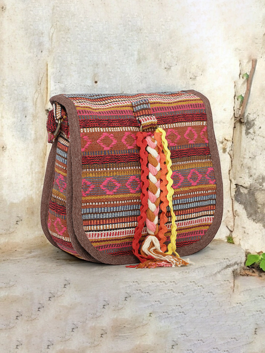 Ethnic Handloom Crossbody Sling Bag | Embellished with Tassels and Trims. Flap Closure with a Snap Button | Internal Zip Pocket | Multicolour side Crossbody Bag for Women | Handmade.