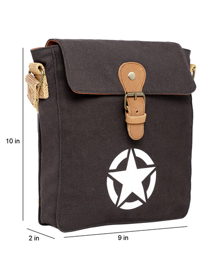 Canvas Side Sling Bag For Men & Women | Compact Messenger bag with Leather Strap on flap closure, Adjustable Shoulder Strap & Snap buttons | Casual bag for Office & Travel