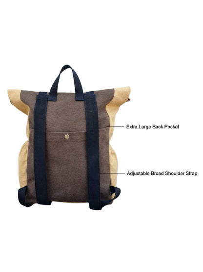 Canvas Backpack for Men and Women 16 Litres |  Cotton Bag with Top Roll Down Design & Buckle Closure | Casual Backpacks Suitable for College, Travel & Hiking (Beige)