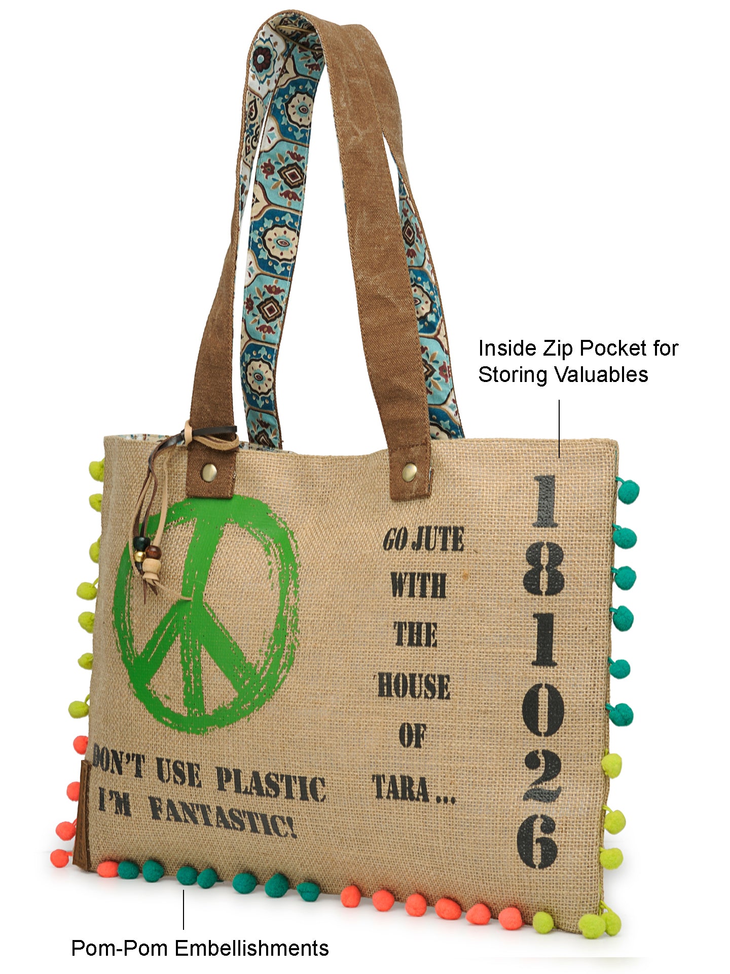 Jute Tote Handbag | Brown Beige Printed Shoulder Bag | Tassel Embellished | Magnetic Closure | Zipper Compartment | Casual Bag for College, Office & Daily Use | For Women