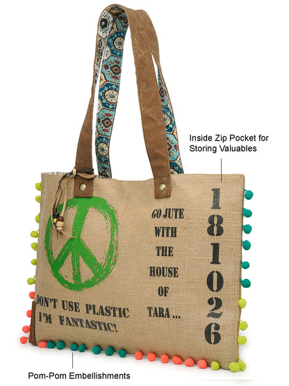 Jute Tote Handbag | Brown Beige Printed Shoulder Bag | Tassel Embellished | Magnetic Closure | Zipper Compartment | Casual Bag for College, Office & Daily Use | For Women