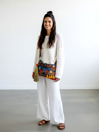 Upcycled Denim Sling Bag for Women | Cross Body Bag With Medium Size Compartment, Adjustable Strap | Embellished Shoulder Bag Suitable for College & Travel (Denim Blue)