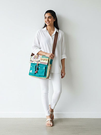 Messenger Bags for Women | Teal Laptop Messenger Bag made with Canvas | Fits up to 15.6 Inches Laptop/MacBook | Ladies Crossbody Sling Bag Comes with 2 External Pockets