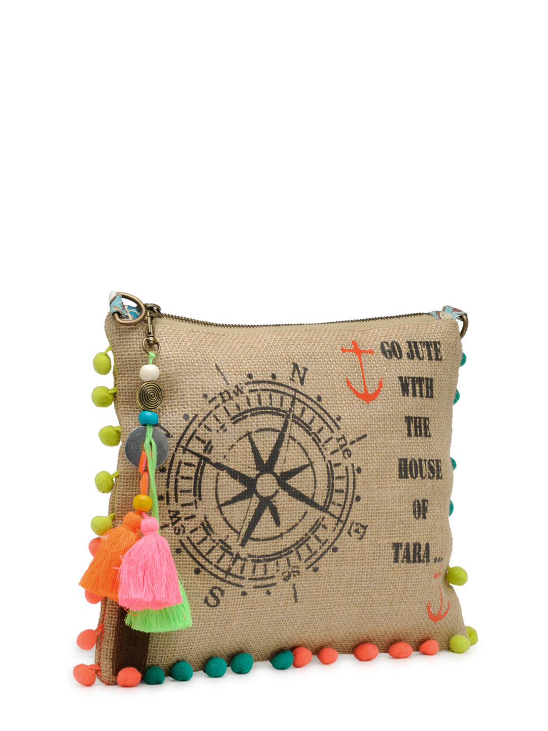 Casual Jute Purse For Women | Small Crossbody Sling Bag with Tassels, Zip Pocket & Removable Shoulder Strap | Printed Aesthetic Foldable Ladies Purse Handbag (Brown)