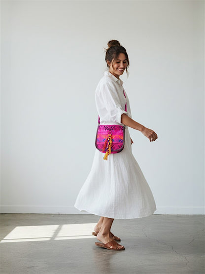 Ethnic Handloom Crossbody Sling Bag | Embellished with Tassels and Trims. Flap Closure with a Snap Button | Internal Zip Pocket | Multicolour side Crossbody Bag for Women | Handmade.
