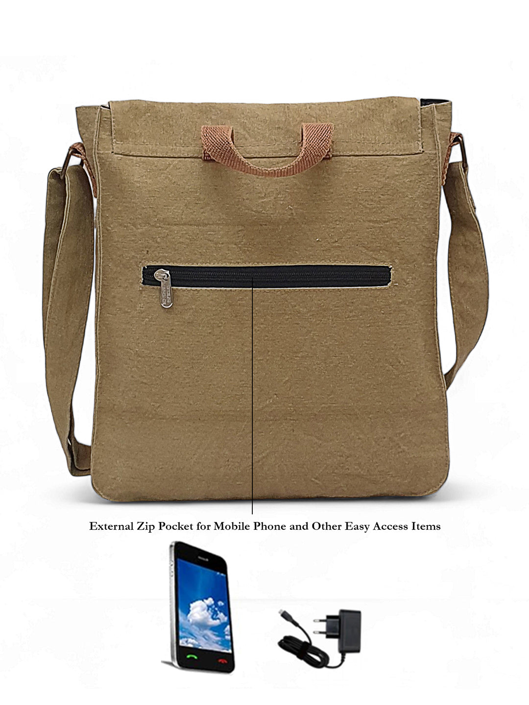 Canvas Crossbody Messenger Bag for Men & Women | Side Bag Fits Mobile & Tablets | Ideal For Office & Travel | Beige Embellished Cotton Compact Messenger Business Bag for ladies