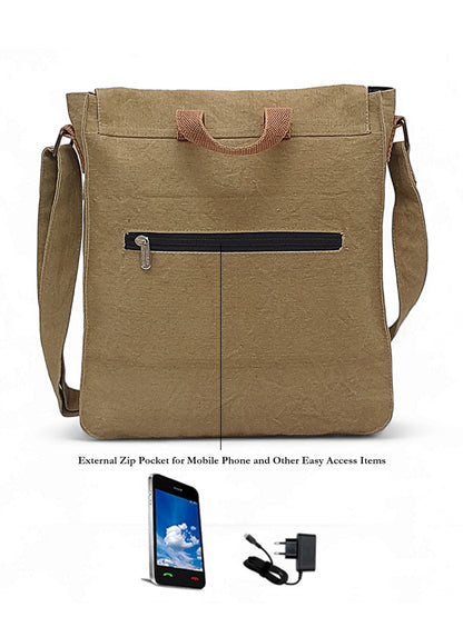 Canvas Crossbody Messenger Bag for Men & Women | Side Bag Fits Mobile & Tablets | Ideal For Office & Travel | Beige Embellished Cotton Compact Messenger Business Bag for ladies