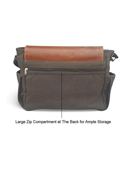 The House of tara Leather & Canvas Messenger Bag for Men and Women | Fits Laptop Upto 15.6 Inch I Crossbody Bag with Canvas Lining, Adjustable Straps & Padded Partition (Olive Brown)