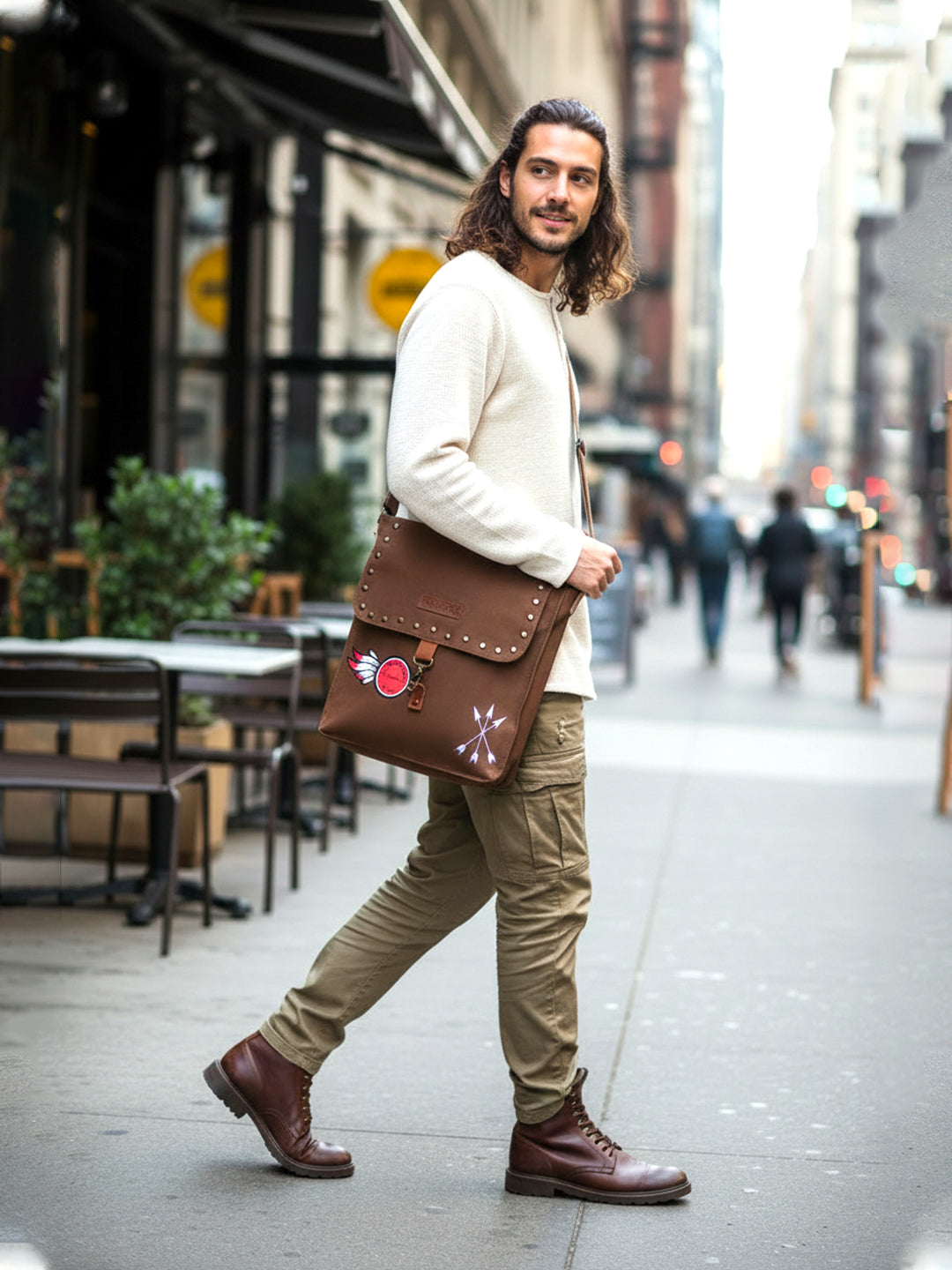 Canvas Crossbody Messenger Bag for Men & Women | Side Bag Fits Mobile & Tablets | Ideal For Office & Travel | Beige Embellished Cotton Compact Messenger Business Bag for ladies